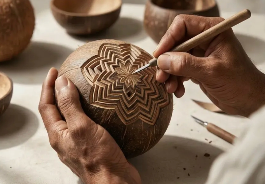 Artisan crafting coconut bowl